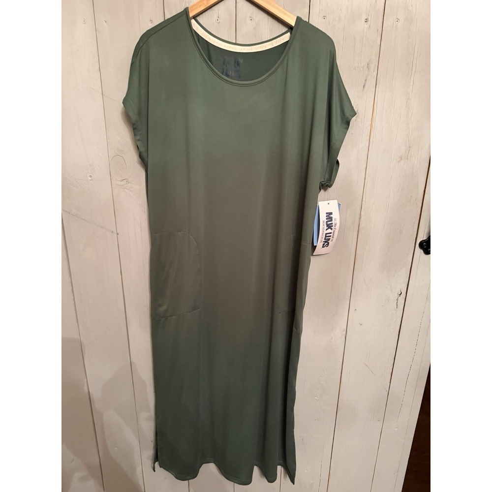 MUK LUKS Sz-M Cloud Knit Short Sleeve LONG Lounge Dress Olive Green New